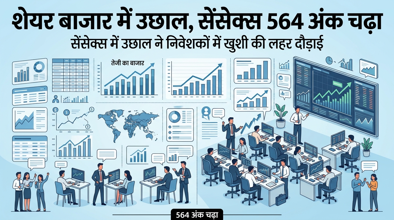 शेयर बाजार में उछाल, सेंसेक्स 564 अंक चढ़ा