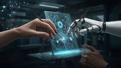 A human and robotic hand collaborate on a canvas, symbolizing AI’s transformation of creativity.
