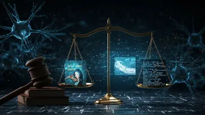 Legal scales balance digital art and code, symbolizing AI art copyright and ownership.