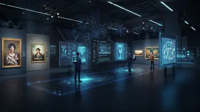 Futuristic gallery with AI displays optimizing art placement and guiding visitors.