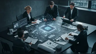 A strategic business blueprint infused with AI elements, representing the development of a comprehensive AI content strategy.