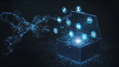A glowing digital toolbox revealing various free content creation tools, highlighting AI’s role in boosting creativity.