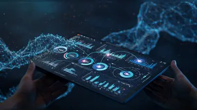 A futuristic data dashboard showcasing content performance metrics and clear ROI visualizations, powered by AI analytics.