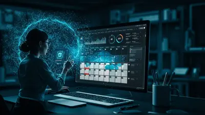 A futuristic digital content calendar, showcasing AI-optimized scheduling and smart content organization.