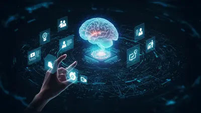 An AI brain projecting diverse holographic content types, illustrating how content can be tailored for various audiences.