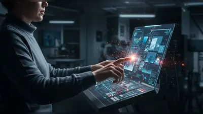 A futuristic desk setup with a person starting their content creation journey, surrounded by holographic content ideas and AI-powered tools.