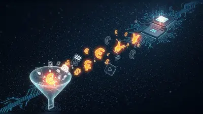 Digital content pieces flowing into a sales funnel, demonstrating how AI-driven strategies convert engagement into revenue.