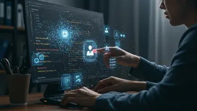 A developer seamlessly integrating AI tools to enhance coding speed and intelligence, surrounded by futuristic data visualizations.