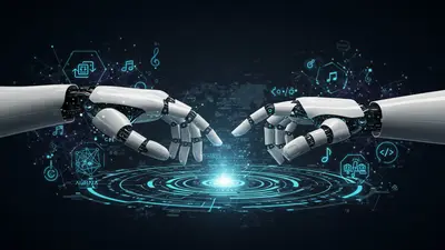 A human and AI hand collaborating on a digital canvas, symbolizing the powerful synergy of human creativity and artificial intelligence.
