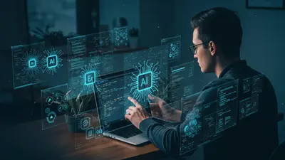 A developer mastering AI for development, surrounded by 7 essential tools that enhance coding and innovation.