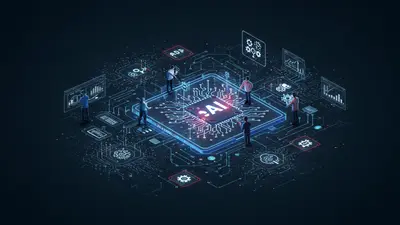 Five strategic AI concepts are shown converging within a software development environment, illustrating how AI can lead to the creation of more intelligent and efficient applications.