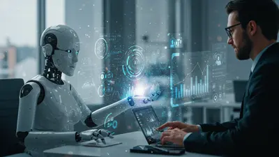 A human and AI working in tandem, symbolizing enhanced productivity and seamless collaboration in a modern workplace.