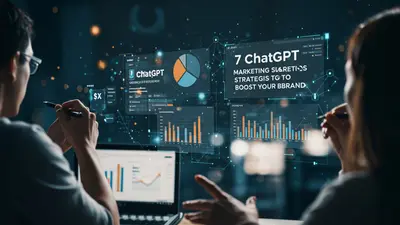A vibrant digital display showcases 7 key marketing strategies powered by ChatGPT, illustrating brand growth and audience engagement.