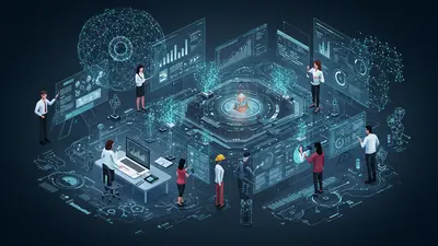 Professionals adapting to new roles, surrounded by futuristic AI interfaces and data visualizations, embodying the essential skills for tomorrow’s AI-driven job market.
