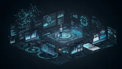 A marketer at a futuristic desk, surrounded by holographic displays showing AI-powered analytics, content generation, and campaign optimization, symbolizing the mastery of AI marketing skills for digital success.