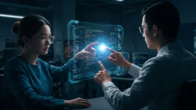 Visually captures the dynamic interaction between a developer and an AI code assistant, symbolizing enhanced productivity and innovation.