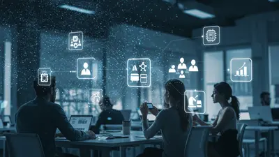 A dynamic team collaborating efficiently, enhanced by a halo of AI productivity tool icons, symbolizing boosted performance.