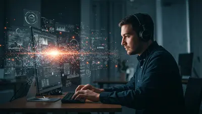 A developer harnesses AI tools to unlock coding genius, surrounded by neural networks and futuristic interfaces.
