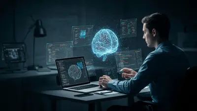 A developer interacts with various AI-powered coding tools, showcasing how artificial intelligence supercharges their productivity.