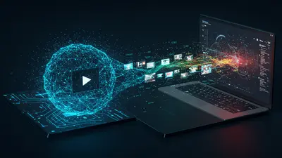 A sleek interface showcasing Grok AI generating captivating video content, surrounded by data streams and visual effects.