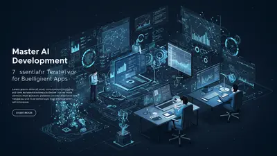 A developer mastering AI strategies to build intelligent applications, surrounded by data visualizations and futuristic interfaces.