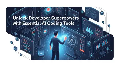 A developer gaining “superpowers” by effectively utilizing essential AI coding tools in a futuristic development environment.