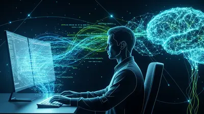 A developer efficiently utilizing AI for advanced code generation and streamlined software development.