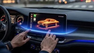 A car’s Apple CarPlay screen showing a custom car image, highlighting easy personalization.