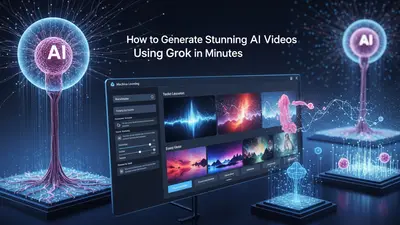 Visually captures the simplicity and speed of creating professional AI videos with Grok, highlighting its intuitive interface and high-quality output.