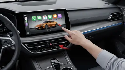 A clear visual guide demonstrating the simple process of adding a custom car image to an Apple CarPlay interface.
