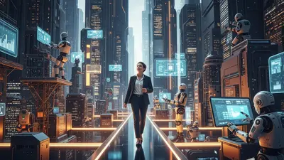 A visual metaphor for career resilience against AI automation, showing a person confidently charting their path in a technologically advanced landscape.