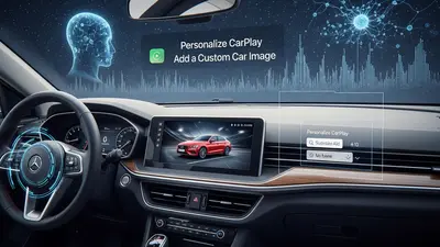 A sleek car dashboard displaying Apple CarPlay with a custom vehicle image, emphasizing personalization and user interface customization for a unique in-car experience.