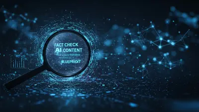 A digital magnifying glass hovering over AI-generated text, symbolizing the critical process of fact-checking and verification.