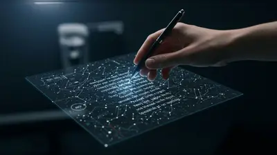 A human hand meticulously editing AI-generated text on a futuristic screen, symbolizing the refinement process.