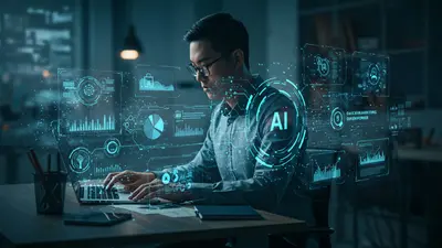 A dynamic visual of a marketer leveraging cutting-edge AI tools to amplify their strategies and achieve marketing superpowers.