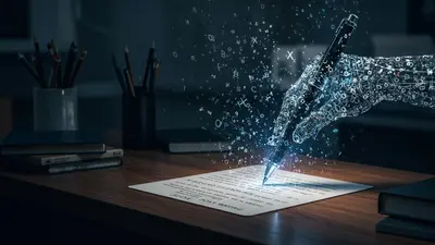A futuristic depiction of AI transforming content writing, with glowing data streams and neural networks forming compelling narratives.
