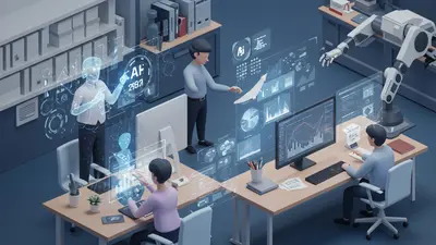 Humans and AI interfaces collaborate in a futuristic office, showcasing enhanced creativity and productivity.