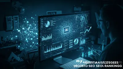Visualizing the intersection of artificial intelligence and search engine optimization, showcasing data analysis and strategic insights that lead to higher search rankings.