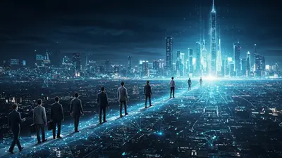 Professionals confidently navigate a glowing path towards a bright future in AI careers.