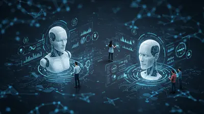 A diverse human team collaborating with advanced AI systems to streamline tasks and boost overall efficiency, showcasing the future of integrated work environments.