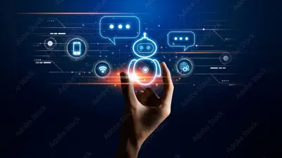 Virtual Assistant. Hand touching chatbot robot icon on digital screen, creative design