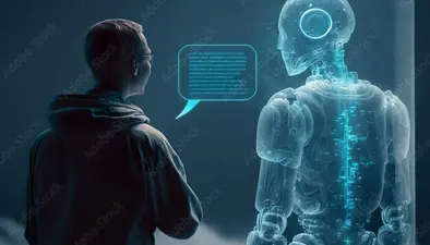 person talking with robotic ai.futuristic technology or machine learning concepts.Generative ai technology