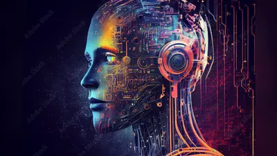 Side view of a humanoid head with blue and yellow eyes and vibrant neon neural network, representing futuristic technology and artificial intelligence. Generative AI