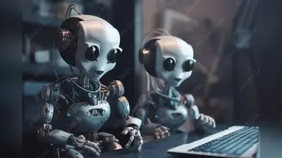 Two cute robots look at the computer. Artificial intelligence, Chat GPT, Chatbot