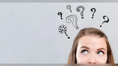 Hand draw question marks with young woman looking upwards on a gray background