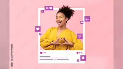 Collage with young black woman making heart gesture in photo frame, requesting likes in social media on pink background