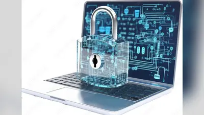 Digital padlock in front of a laptop computer as concept for cyber security and data protection, isolated on a white background, generative AI technology
