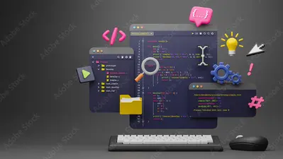 Programmer developer typing script source languages coding symbols icon development project data programming software engineering IT technologies computer. 3d rendering.