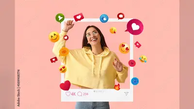 Happy young female blogger on pink background