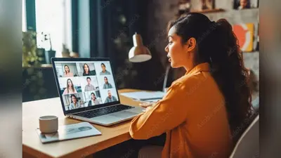 Back view of female employee talking on video call with colleagues. Working from home concept. Generative AI